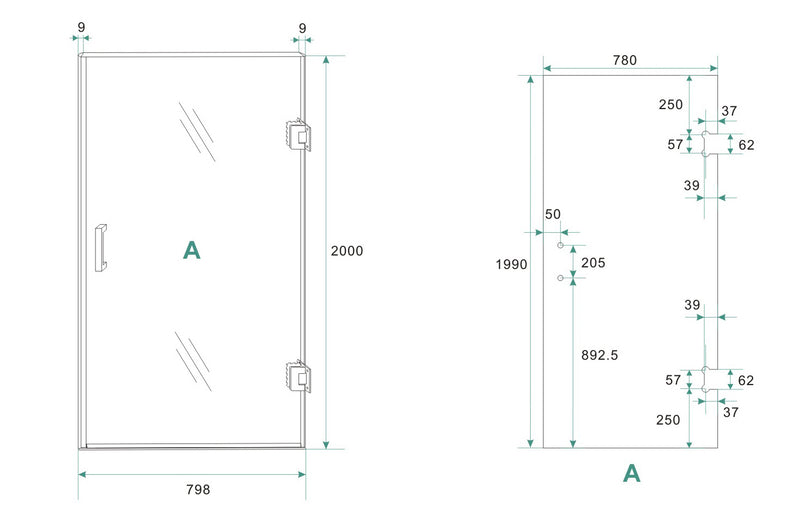 Less nisdeur rechts 800 x 2000 x 8 mm nano spiegelrook- naar helder glas/geborsteld brons koper
