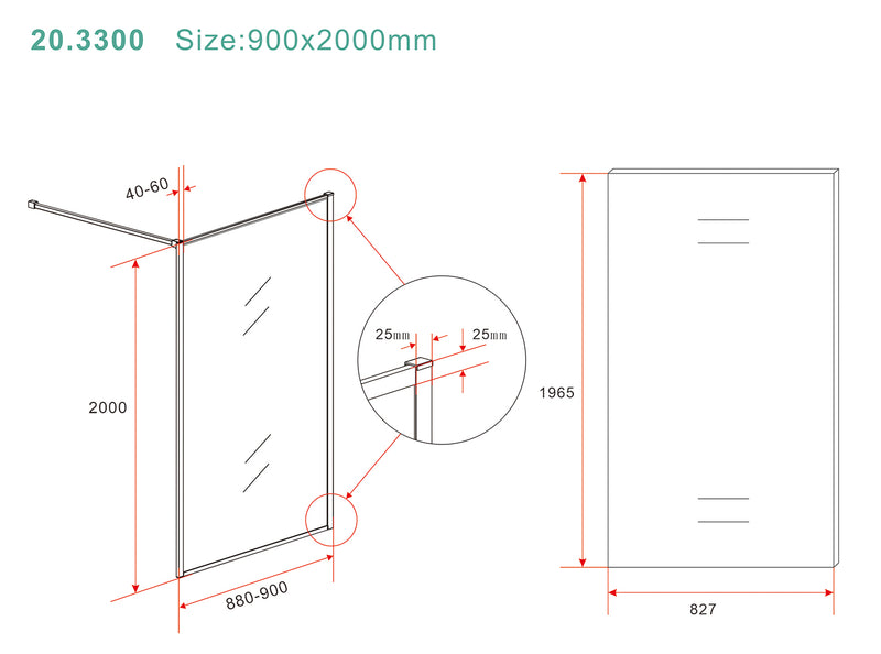 Square inloopdouche 900 x 2000 x 8 mm nano helder glas/geborsteld messing