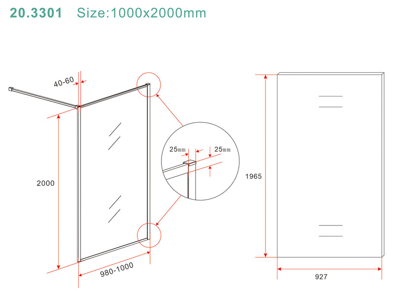 Square inloopdouche 1000 x 2000 x 8 mm nano helder glas/geborsteld messing