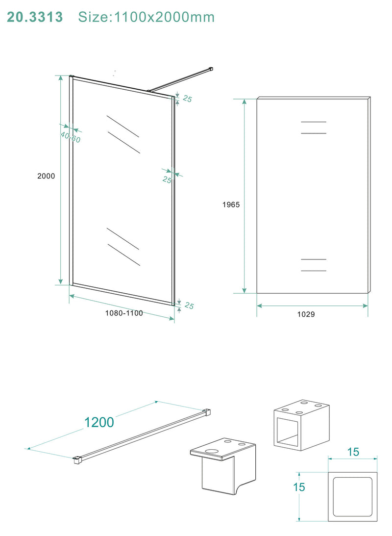 Square inloopdouche 1100 x 2000 x 10 mm nano helder glas/mat zwart