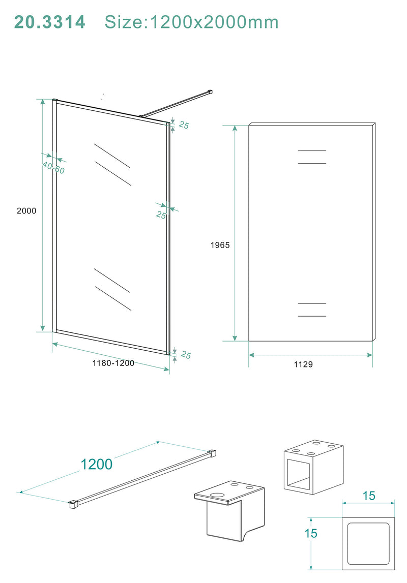 Square inloopdouche 1200 x 2000 x 10 mm nano helder glas/mat zwart