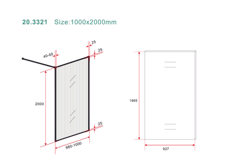Square inloopdouche 1000 x 2000 x 8 mm nano geribbeld helder glas/mat zwart