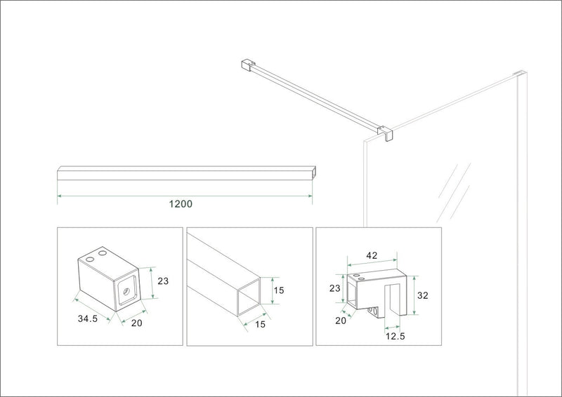 Slim set stabilisatiestangen 120 cm voor vrijstaande inloopdouches geborsteld staal