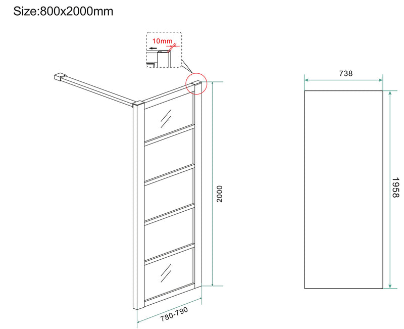 Horizon inloopdouche met raster 800 x 2000 x 8 mm nano helder glas/mat zwart