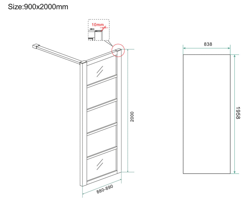 Horizon inloopdouche met raster 900 x 2000 x 8 mm nano helder glas/mat zwart