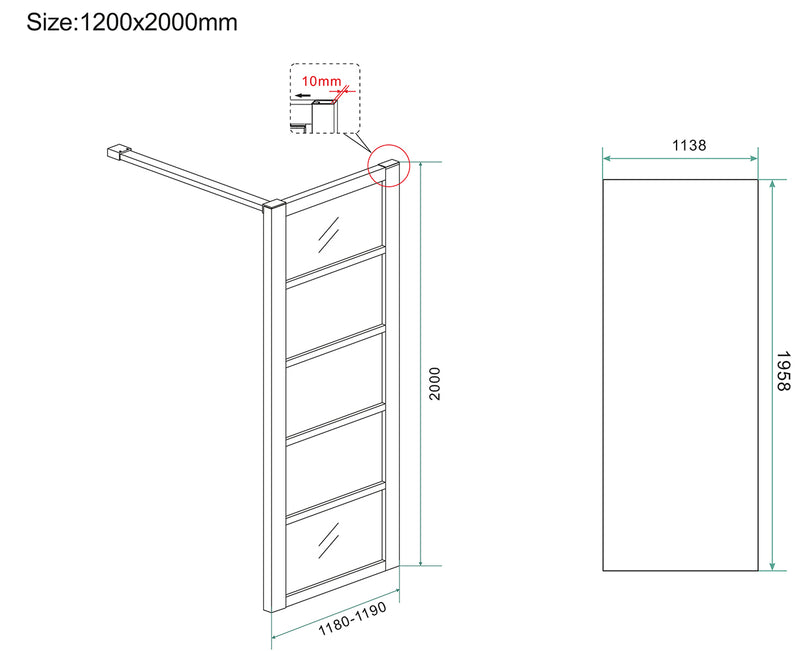Horizon inloopdouche met raster 1200 x 2000 x 8 mm nano helder glas/mat zwart