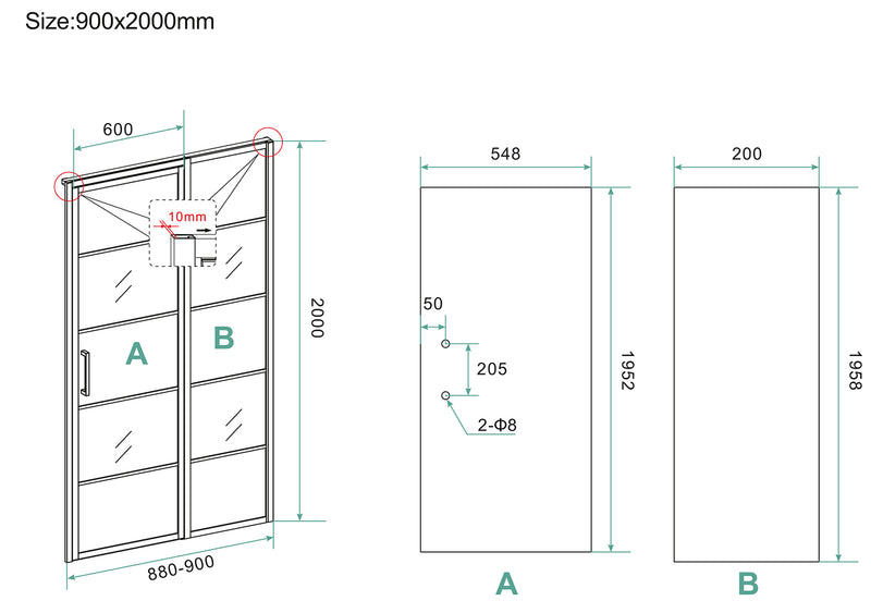 Horizon nisdeur met vast deel en raster 900 x 2000 x 8mm nano helder glas/mat zwart