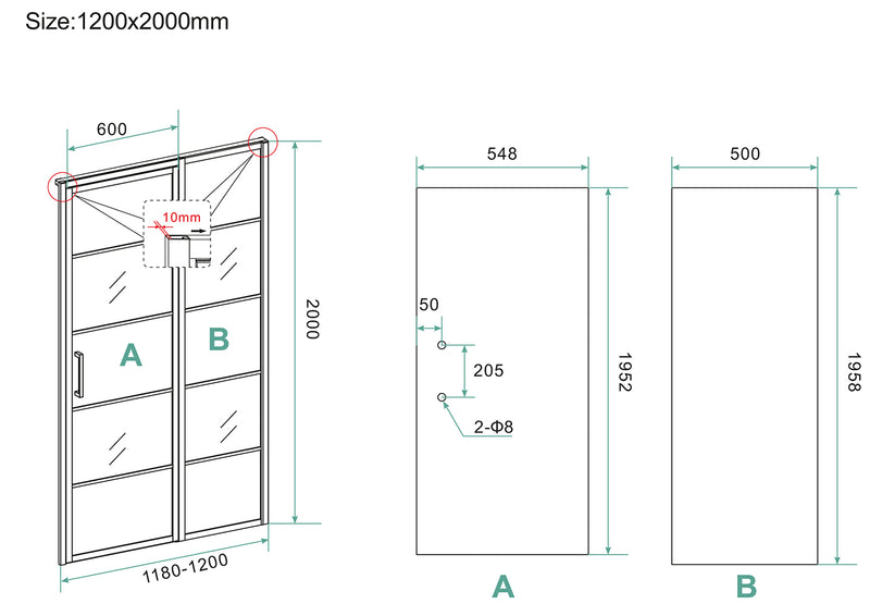 Horizon nisdeur met vast deel en raster 1200 x 2000 x 8mm nano helder glas/mat zwart