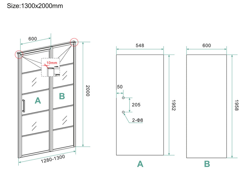 Horizon nisdeur met vast deel en raster 1300 x 2000 x 8mm nano helder glas/mat zwart