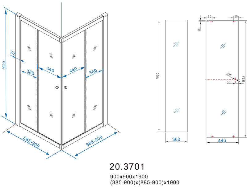 Eco hoekinstap cabine met 2 schuifdeuren 900 x 900 x 1900 x 5 mm nano helder glas/chroom