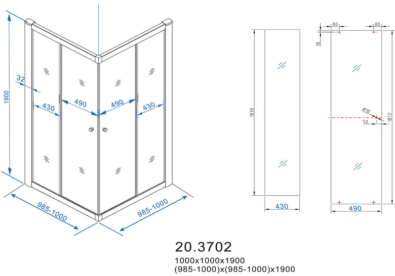 Eco hoekinstap cabine met 2 schuifdeuren 1000 x 1000 x 1900 x 5 mm nano helder glas/chroom