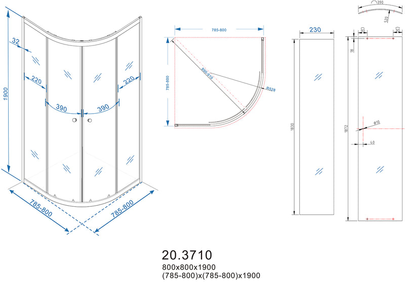 Eco kwartronde cabine met twee schuifdeuren 800 x 800 x 1900 x 5 mm nano helder glas/chroom