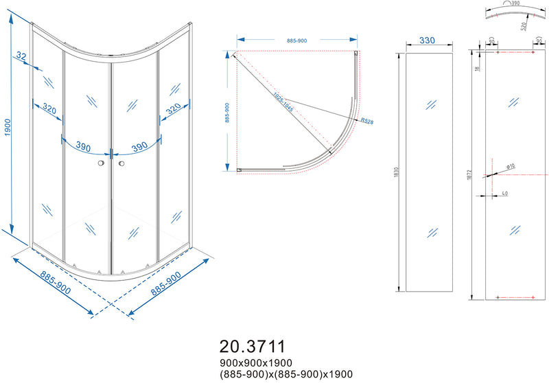Eco kwartronde cabine met twee schuifdeuren 900 x 900 x 1900 x 5 mm nano helder glas/chroom