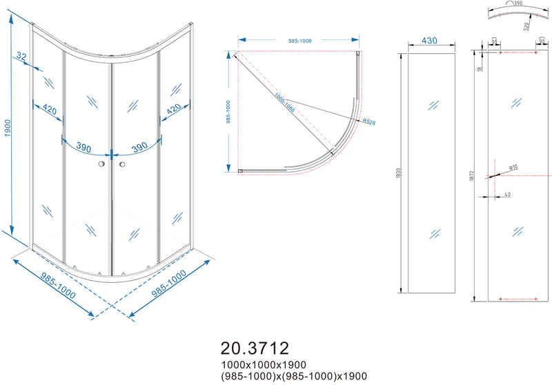 Eco kwartronde cabine met twee schuifdeuren 1000 x 1000 x 1900 x 5 mm nano helder glas/chroom