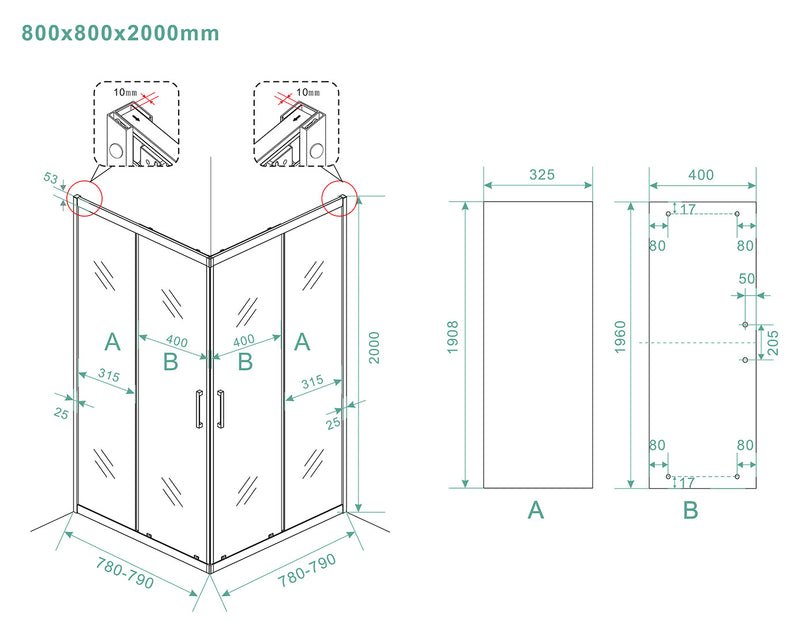 Skyline hoekinstap cabine met 2 schuifdeuren 800 x 800 x 2000 x 8 mm nano helder glas/mat zwart