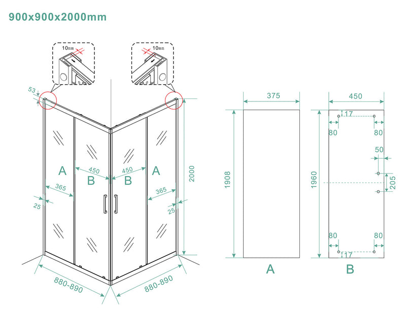 Skyline hoekinstap cabine met 2 schuifdeuren 900 x 900 x 2000 x 8 mm nano helder glas/mat zwart