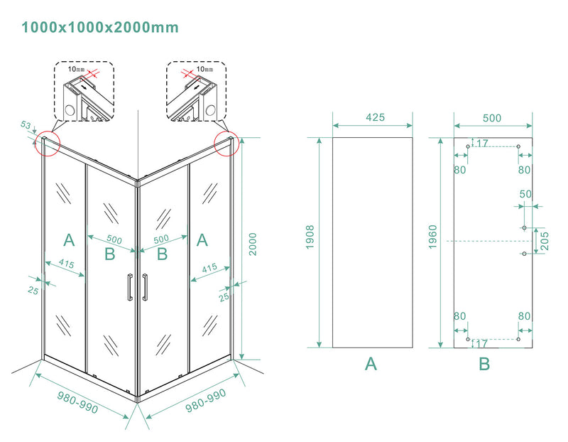 Skyline hoekinstap cabine met 2 schuifdeuren 1000 x 1000 x 2000 x 8 mm nano helder glas/mat zwart