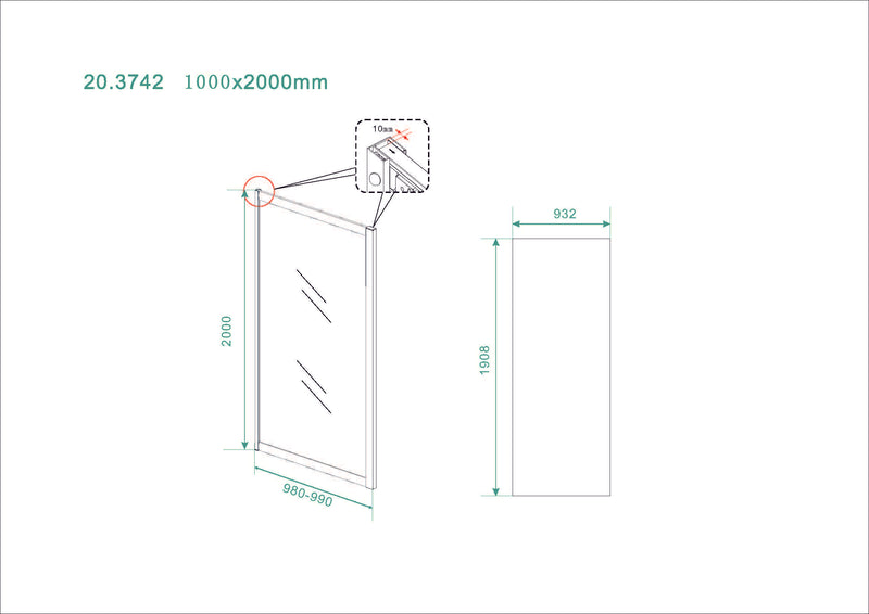 Skyline zijwand voor nis schuifdeur 1000 x 2000 x 8 mm nano helder glas/mat zwart