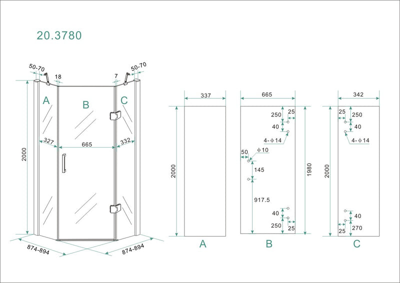 Pento cabine met 1 draaideur 900 x 900 x 2000 x 8 mm nano helder glas/chroom