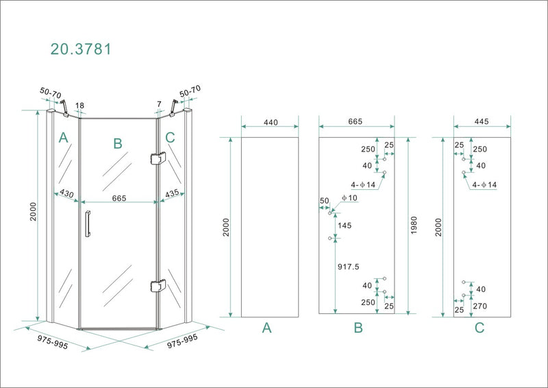 Pento cabine met 1 draaideur 1000 x 1000 x 2000 x 8 mm nano helder glas/chroom