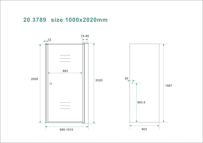 Between nisdeur 1000 x 2000 x 8 mm nano rookglas/chroom