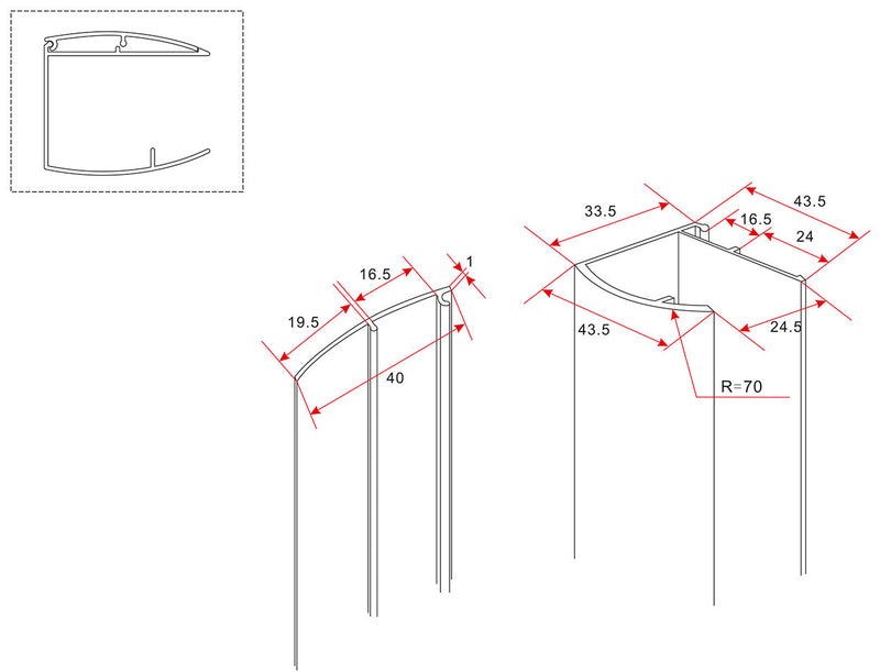 chroom muurprofiel glaswand dikte 1cm L=200cm