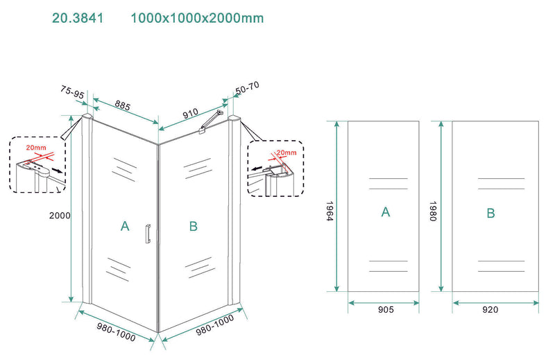 Salone cabine met 1 draaideur 1000 x 1000 x 2000 x 8 mm nano helder glas/chroom
