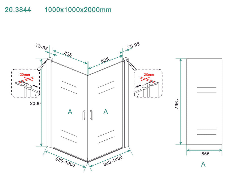 Salone cabine met 2 draaideuren 1000 x 1000 x 2000 x 8 mm nano helder glas/chroom