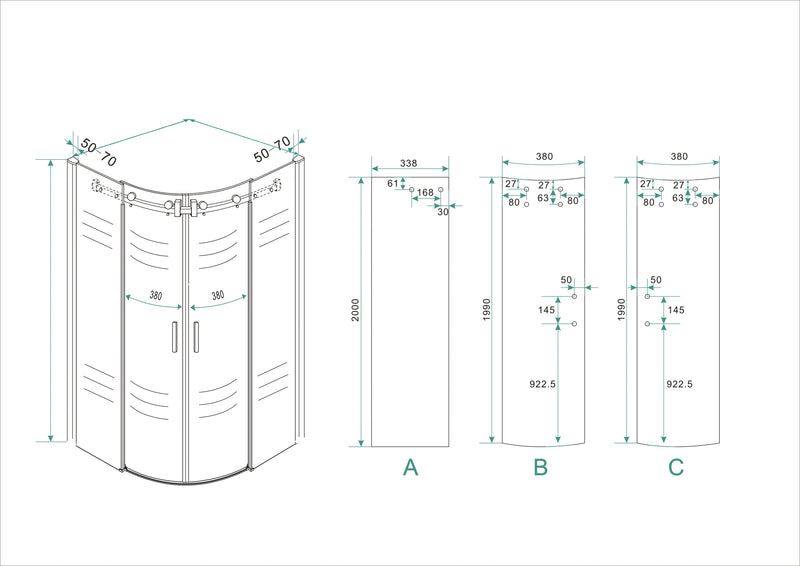 Entra cabine kwartrond met 2 schuifdeuren 900 x 900 x 2000 x 8 mm nano helder glas/chroom
