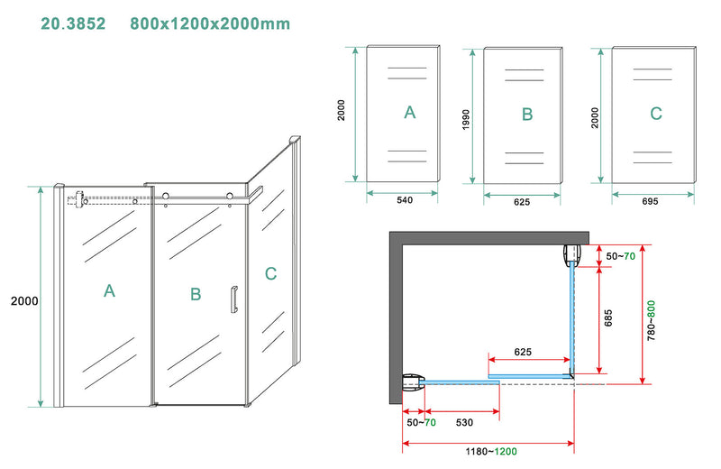 Pared cabine met 1 schuifdeur 1200 x 800 x 2000 x 8 mm nano helder glas/chroom