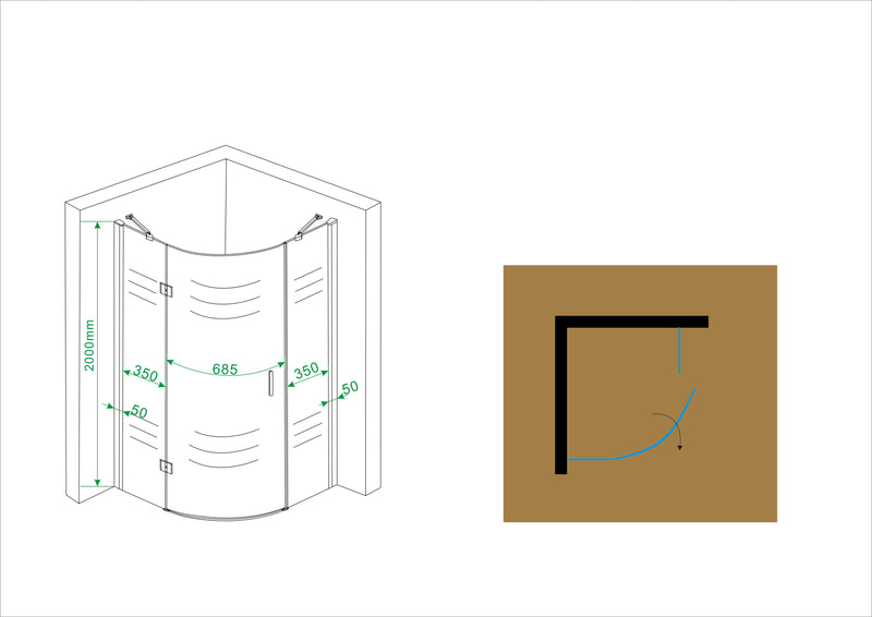 Curf cabine kwartrond met 1 draaideur links 900 x 900 x 2000 x 8 mm helder glas/chroom