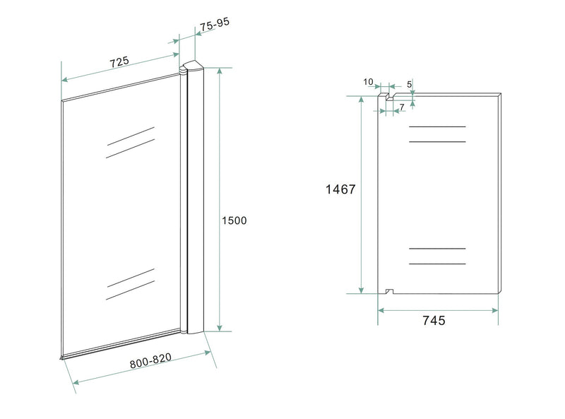 Orbit badwand draaibaar 800 x 1500 x 6 mm nano helder glas/mat zwart