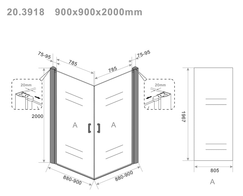 Salone cabine met 2 draaideuren 900 x 900 x 2000 x 8 mm nano helder glas/mat zwart