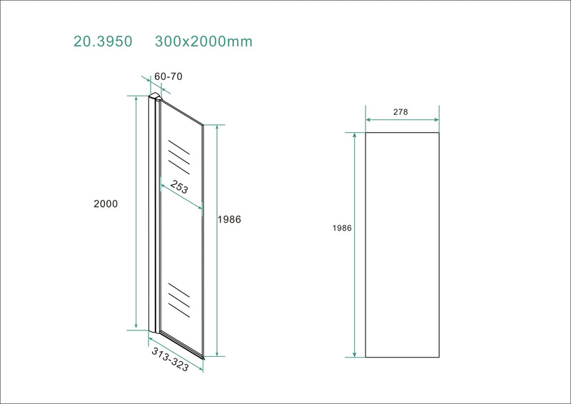Comfort zijwand draaibaar met muurprofiel 300 x 2000 x 10 mm nano helder glas/chroom