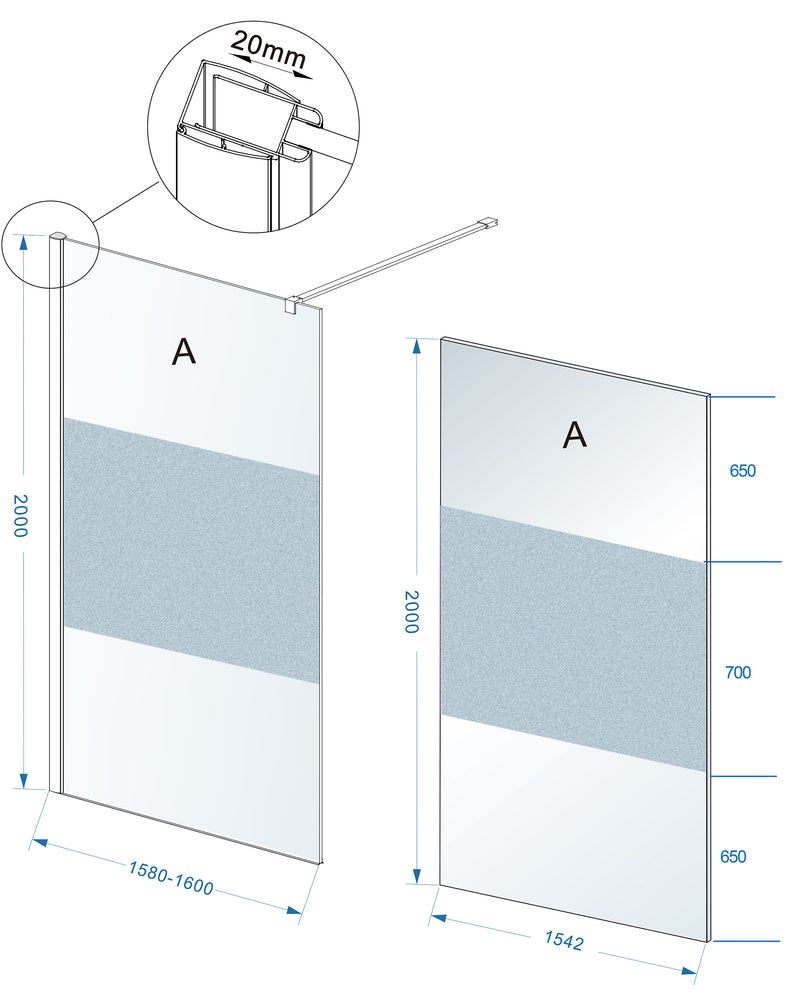 Comfort inloopdouche 1600 x 2000 x 8 mm nano helder glas met melkglas middenband/chroom