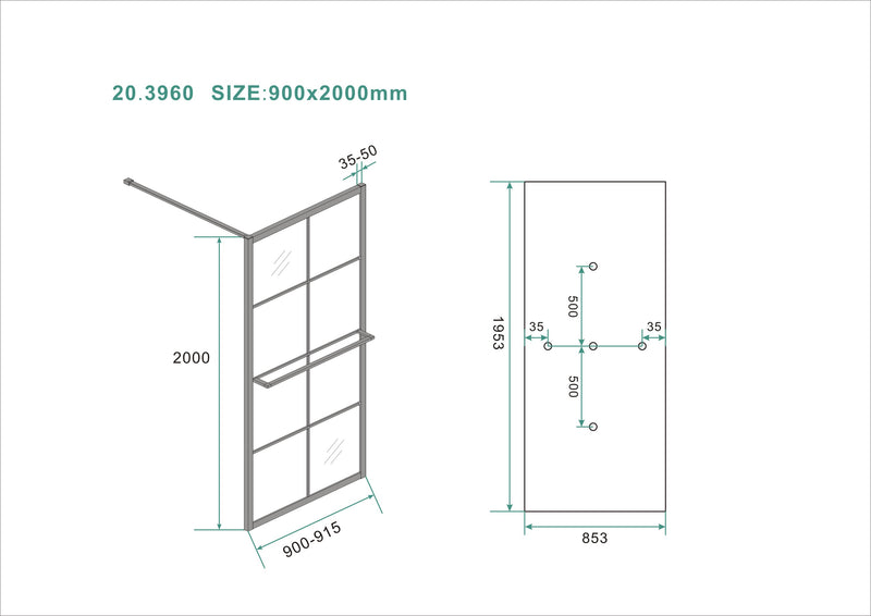 Maaz inloopdouche met raster en handdoekhouder 900 x 2000 x 10 mm helder glas/mat zwart