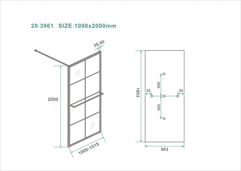 Maaz inloopdouche met raster en handdoekhouder 1000 x 2000 x 10 mm helder glas/mat zwart