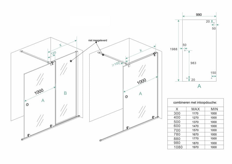 Rolso verleng inloopdouche 1000 x 2000 x 10 mm helder glas/chroom