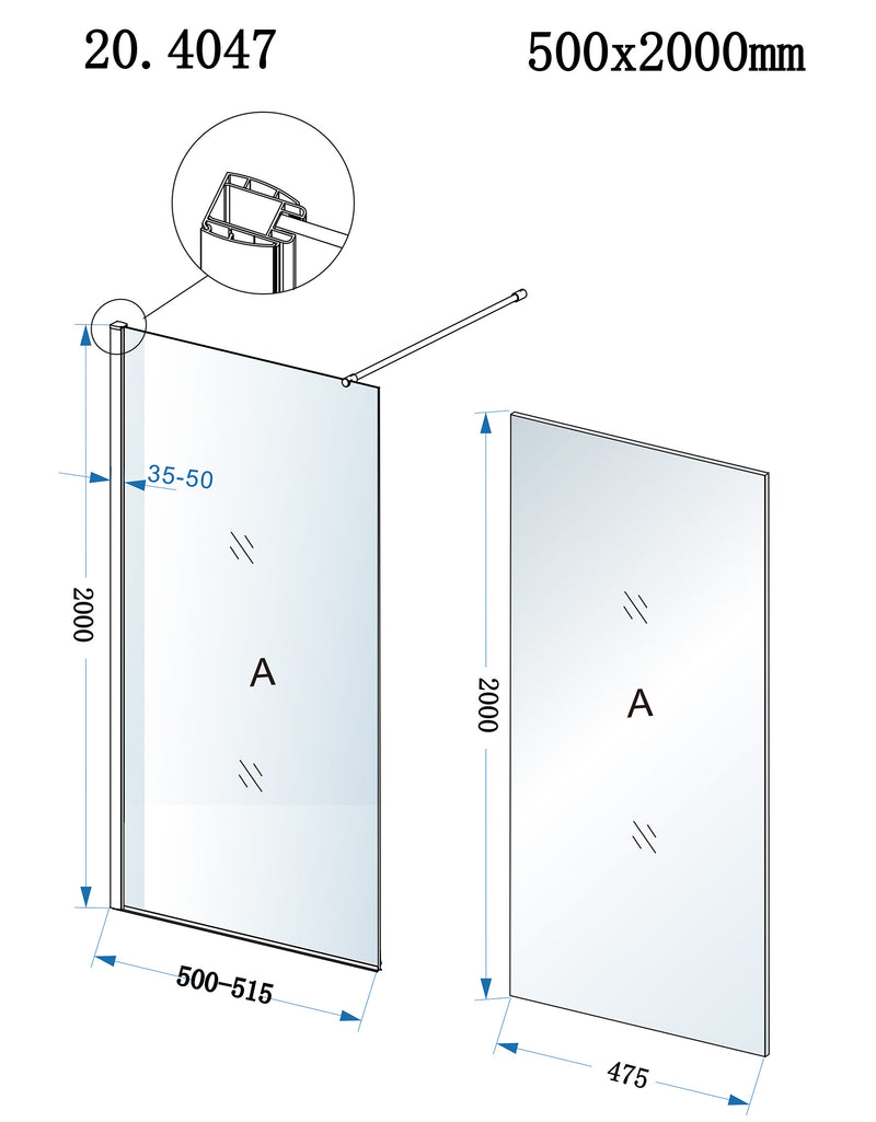 Eco inloopdouche 500 x 2000 x 8 mm nano helder glas/chroom