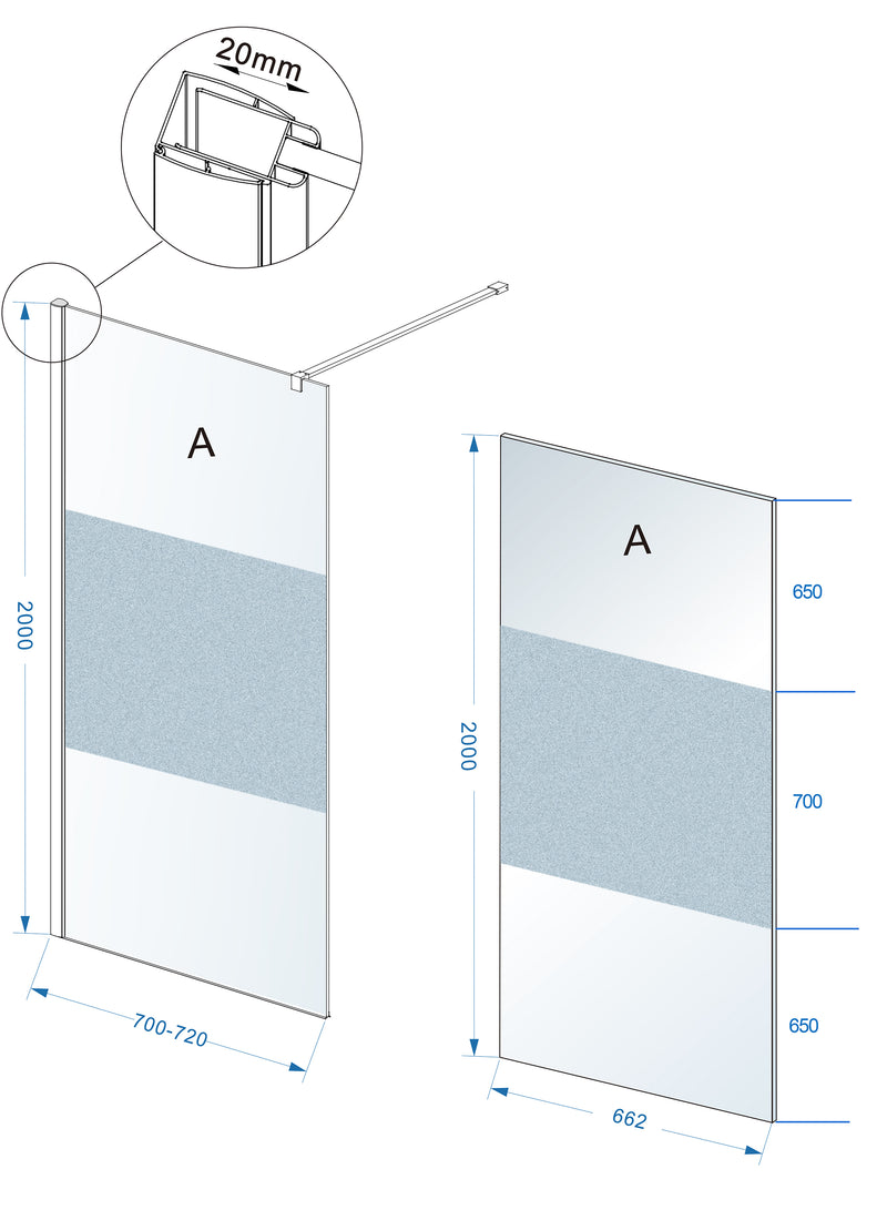 Comfort inloopdouche 700 x 2000 x 10 mm nano helder glas met melkglas middenband/chroom