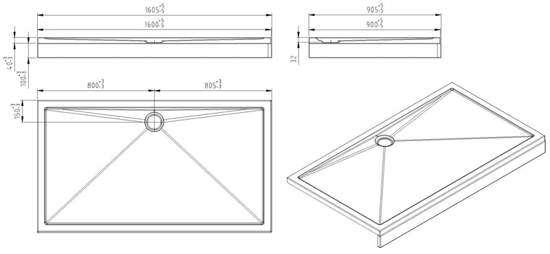 Douchebak rechthoek 160 x 90 x 4 cm acryl glans wit