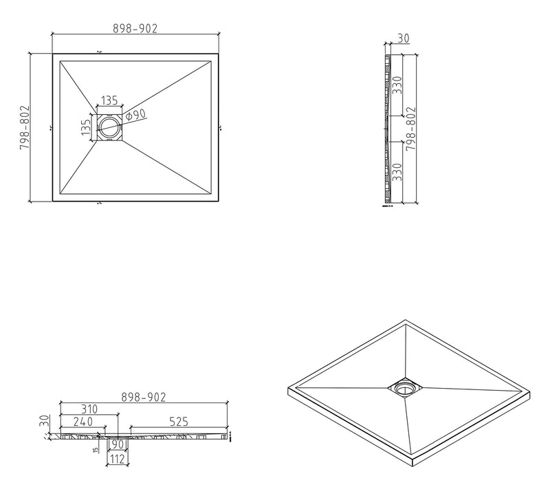 Stonea douchebak antislip composiet 800x900x30 mm inkortbaar mat wit