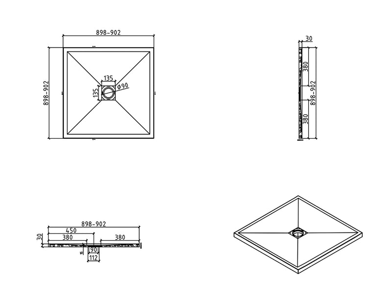 Stonea douchebak antislip composiet 900x900x30 mm inkortbaar mat wit