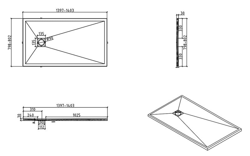 Stonea douchebak antislip composiet 800x1400x30 mm inkortbaar mat zwart