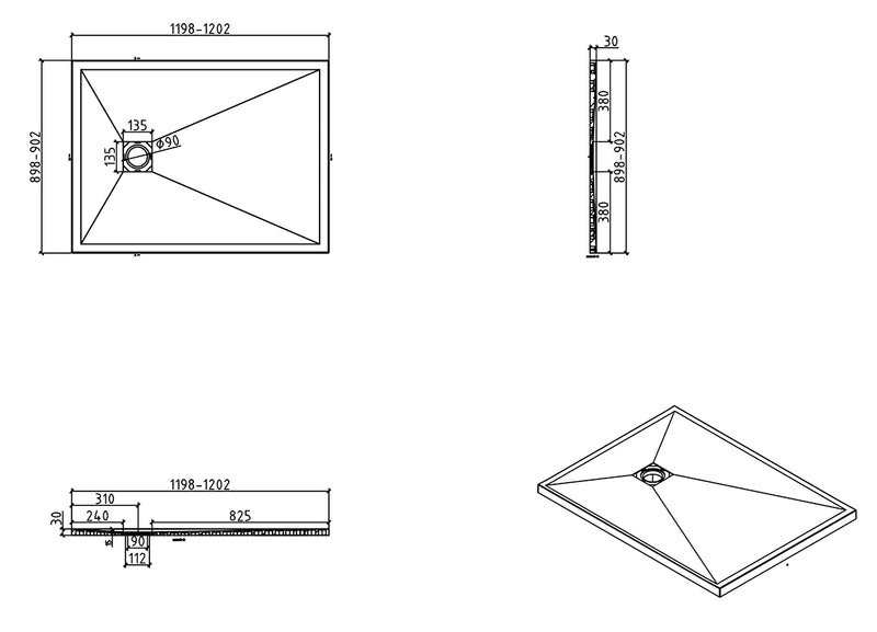 Stonea douchebak antislip composiet 900x1200x30 mm inkortbaar mat zwart