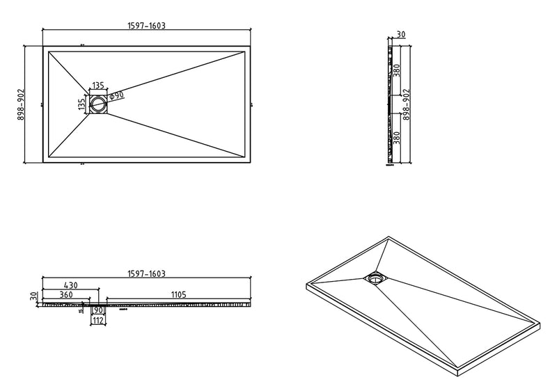Stonea douchebak antislip composiet 900x1600x30 mm inkortbaar mat zwart