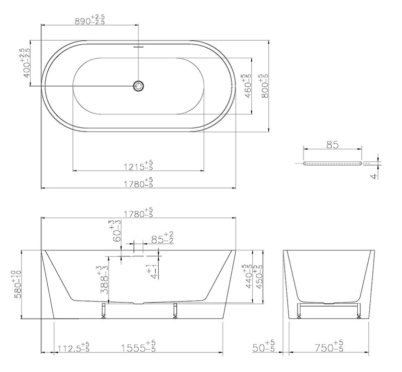 Libero vrijstaand ligbad 178 x 80 cm acryl mat wit met waste mat wit