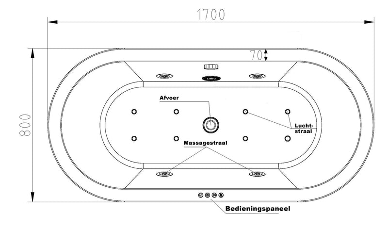Libero vrijstaand whirlpool ligbad 170x80 cm acryl glans wit met waste chroom