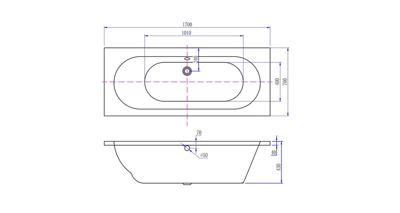 Portus RD inbouw duo ligbad 170x70x43 cm glans wit
