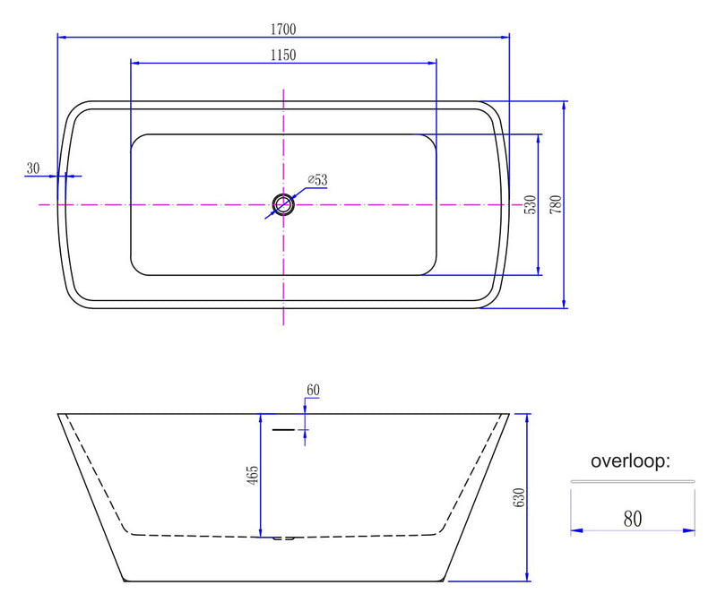 Larx vrijstaand ligbad 170 x 78 cm acryl glans wit met waste glans wit